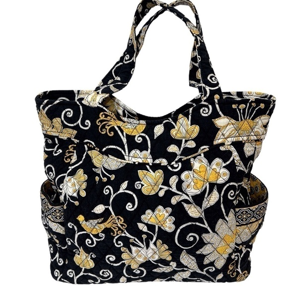 Vera Bradley Pleated Tote Large Yellow Bird Black/Yellow/White EUC - Picture 3 of 9